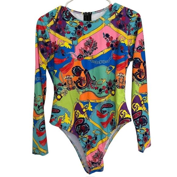 Women's Size LARGE Multicolor Long Sleeve Crew Neck Artsy Bodysuit - Picture 1 of 2